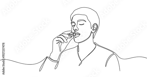 Continuous line drawing of a young caucasian male eating. No editable stroke