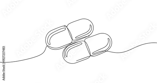 Continuous line drawing of two capsules on white background. No editable stroke