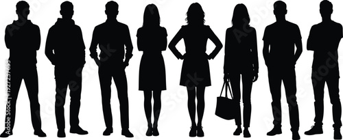 Black silhouettes of diverse people standing side by side in casual and professional attire, showing varied postures and gestures for design, lifestyle, and marketing illustration purposes