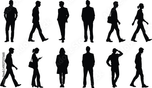 Black silhouettes of diverse people in casual and business attire, standing, walking, and posing in various postures, useful for design, signage, animation, and illustration purposes