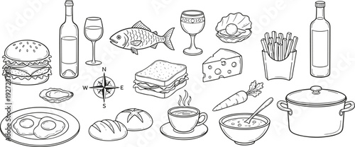 Black and white line art illustration of assorted food and drink items including burger, wine, fish, cheese, bread, coffee, soup, and cooking pot for culinary design