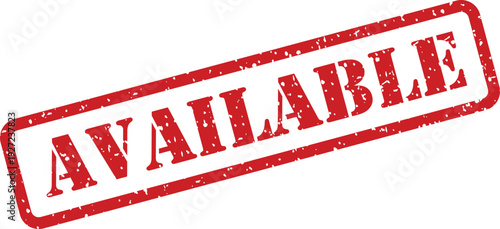 A bold red grunge rubber stamp impression announces the word AVAILABLE on a stark white surface