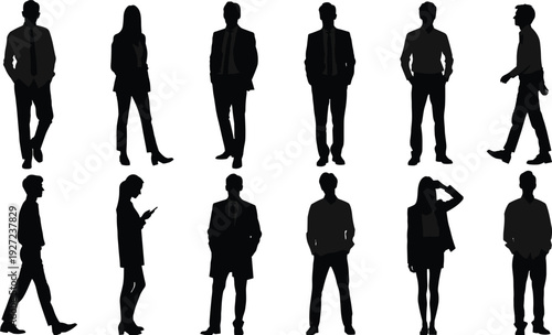 Black silhouettes of diverse people in business and casual attire, standing and walking in various poses, useful for design, fashion, posture, and marketing illustration purposes