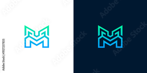 Dynamic M lettermark design with a modern geometric style, featuring connected lines and a vibrant blue-green gradient, perfect for innovative digital concepts and corporate identities