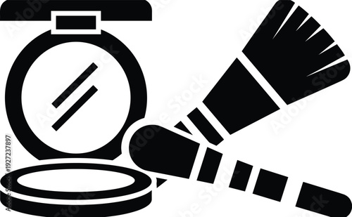 Black silhouette illustration of makeup compact mirror with powder and cosmetic brushes, representing beauty tools, cosmetics application, and personal grooming for fashion and lifestyle design