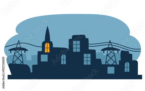 Blackout City Illustration with Night Skyline and Power Outage Concept