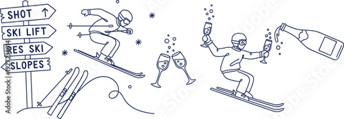 Stylized line art winter sports illustration featuring skiers with champagne glasses, ski jump, ski gear, signpost, and festive celebration elements for holiday and resort design