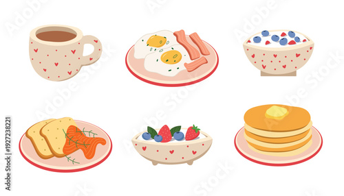 Breakfast Food Illustration Set with Pancake Egg and Coffee Collection