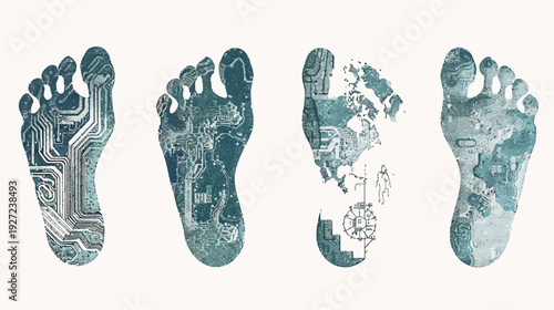 Digitally created artwork of four feet with intricate designs suggesting technology and the future