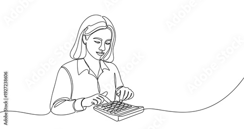 Female accountant using calculator in minimalist line art illustration. No editable stroke