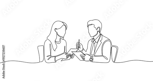 Line art of male and female adults collaborating in a business meeting. No editable stroke