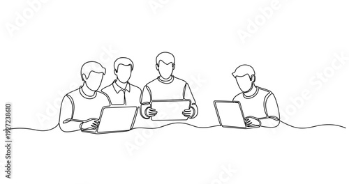 Young caucasian males collaborating with laptops and tablet in a line art illustration. No editable stroke