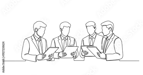 Line art illustration of four caucasian male adults in business suits holding clipboards. No editable stroke