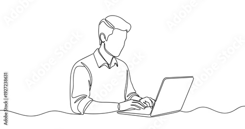 Line drawing of a young caucasian male using a laptop. No editable stroke