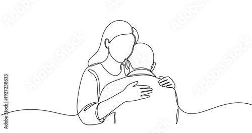 Continuous line art of woman comforting elderly man hugging support. No editable stroke