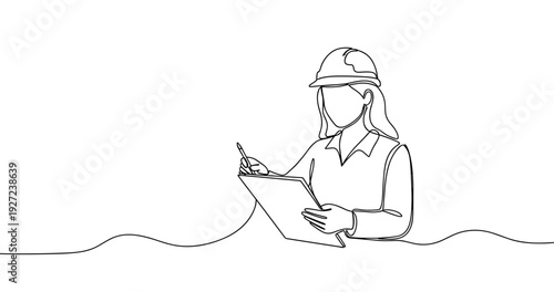 Female engineer reviewing plans: continuous line art drawing. No editable stroke
