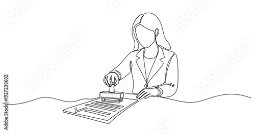 Line art of female adult approving document with stamp. No editable stroke