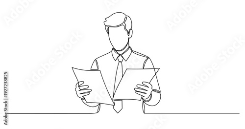 Continuous line drawing of male adult holding papers. No editable stroke
