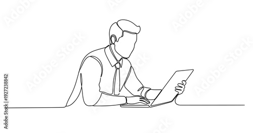 Continuous line drawing of male adult using laptop and holding tablet. No editable stroke