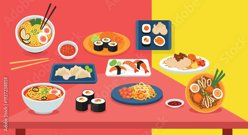 A colorful vector illustration of various Japanese and Asian dishes like ramen, sushi, gyoza, and noodles laid out on a red and yellow table.