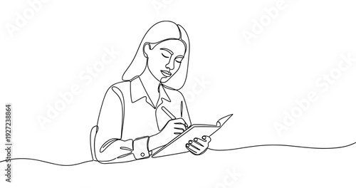 Line art of caucasian female adult writing in notebook. No editable stroke