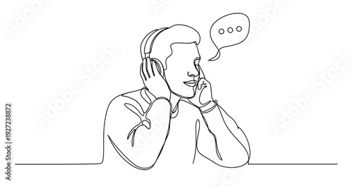 Young caucasian male listening to audio with headphones and thinking. No editable stroke