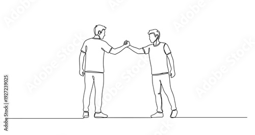 Two young caucasian males engaging in a friendly handshake drawing. No editable stroke