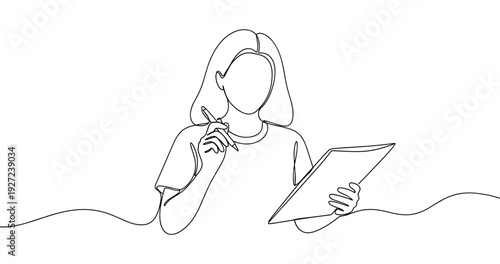 Female adult with tablet engaged in creative process. No editable stroke