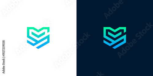 Abstract Geometric 'MS' Monogram Logo Design with a Gradient Color Scheme on White and Dark Backgrounds