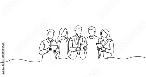 Line art of business team collaborating with tablets. No editable stroke