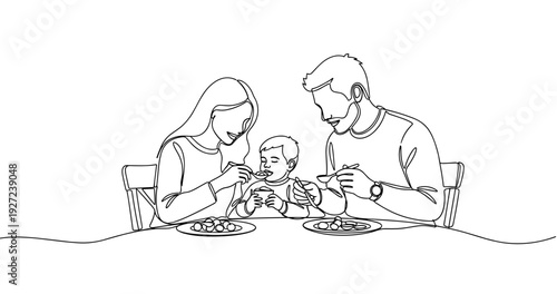 Happy family: parents feeding child together at dinner table. No editable stroke