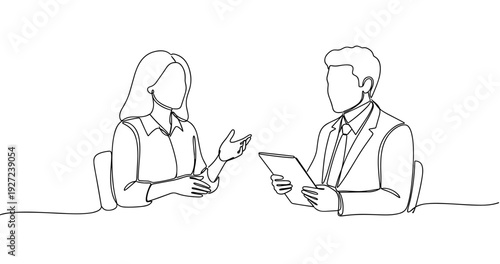 Line art: caucasian male and female professionals in business meeting. No editable stroke