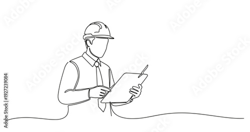 Continuous line drawing of male construction worker with hard hat and clipboard. No editable stroke