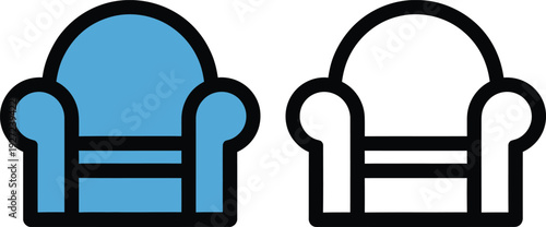 A pair of minimalist armchairs, one rendered in a solid light blue color and the other as a simple black outline, representing comfort and furniture options.