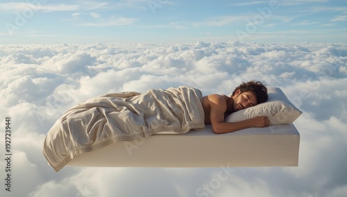 A man rests calmly on his bed among the clouds