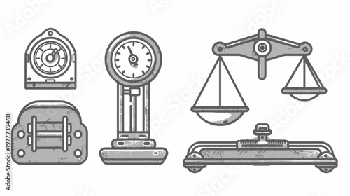 Gray vector illustrations of vintage measuring instruments including a scale, gauges, and a weighing machine
