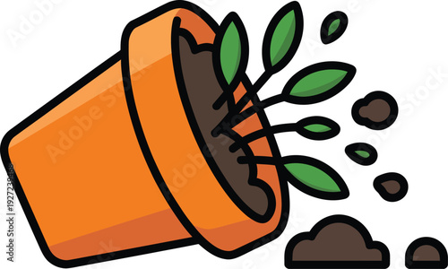 A cartoon-style illustration of an overturned orange terracotta pot with a small green plant and brown soil spilling out onto a white background.
