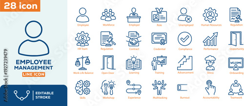 Employee Management Line Icons Set - 28 Editable Stroke Vector Icons for HR and Business