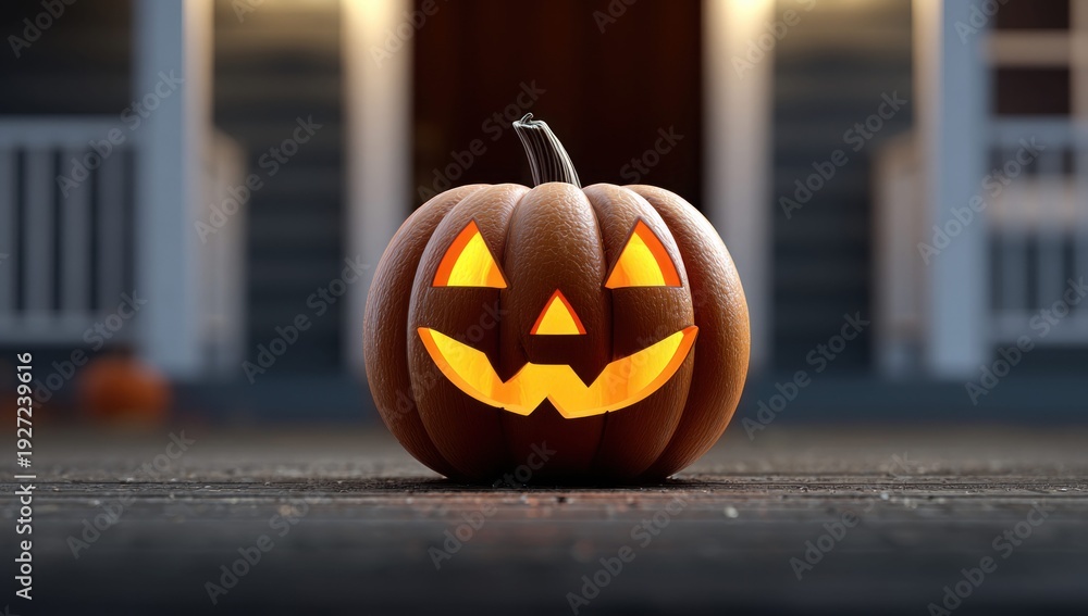 Fototapeta premium Spooky Jack-o'-lantern glowing on a porch at dusk, ready for Halloween night