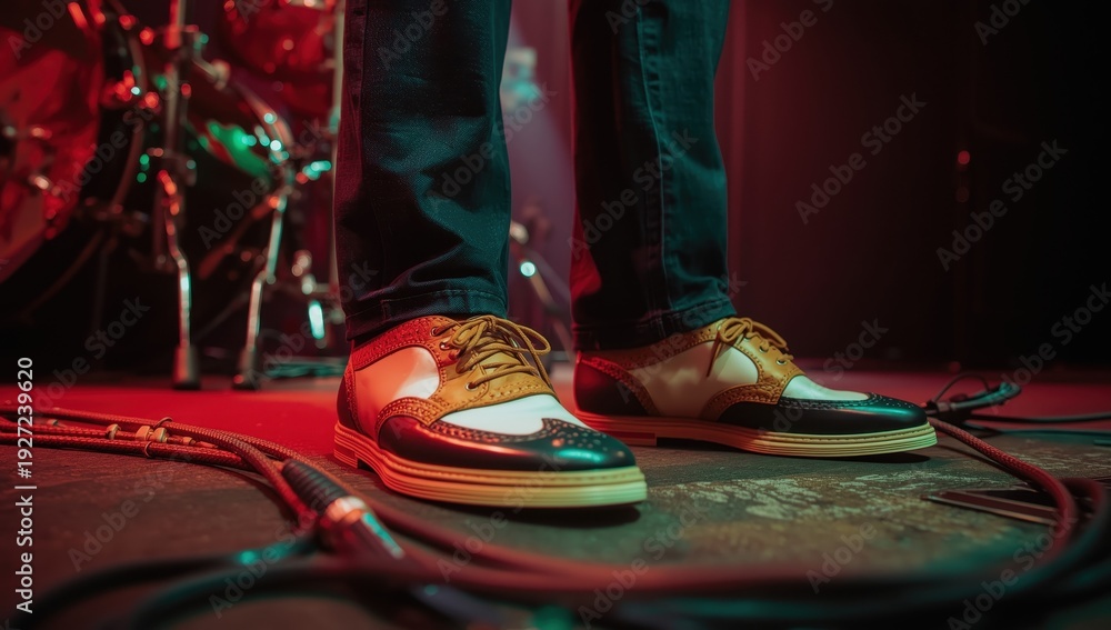 Fototapeta premium A musician's feet in fashionable two-tone shoes on stage by a drum kit, lit in red and green, with coiled mic cables nearby