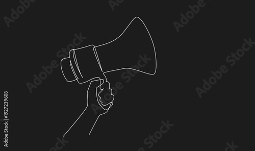 Continuous Line Drawing of Hand Holding Megaphone on Black Background