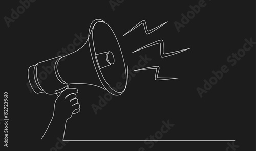 Continuous Line Drawing of Hand Holding Megaphone with Sound Waves on Black Background