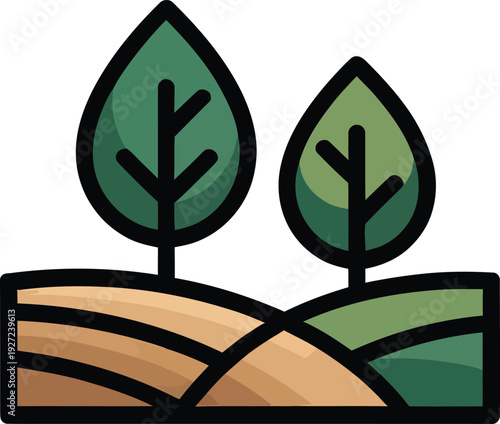 A stylized landscape illustration featuring two green leafed trees standing atop rolling hills with different shades of brown and green, signifying nature and environment.
