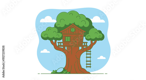 A charming wooden treehouse nestled in the branches of a large, leafy tree, perfect for childhood adventures