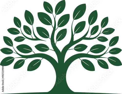 A clean and symmetrical graphic logo featuring a full-bodied green tree with abundant leaves and a sturdy trunk