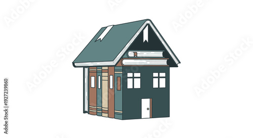 A house made of books symbolizing a literary sanctuary or a library as a home for knowledge and stories