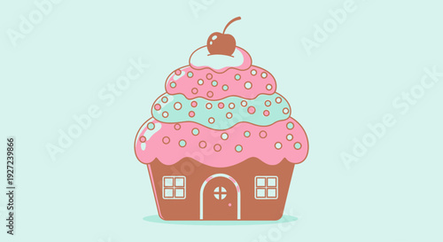 Whimsical confectionery cottage with frosted roof and a sweet cherry top, creating a delightful dessert dream house