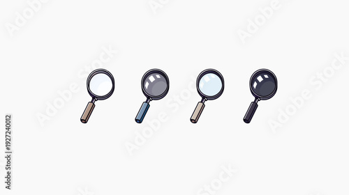 Four pixel art magnifying glasses, with different color handles and lens appearances