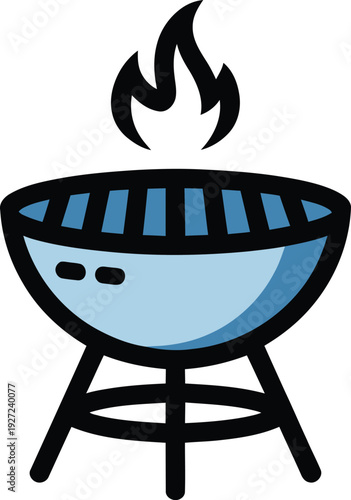 A simple and inviting graphic illustration of a blue-colored charcoal barbecue grill with a black frame, topped with a stylized orange flame, ready for cooking outdoors.