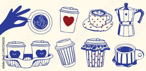 Hand drawn coffee to go and cafe drinks set in doodle sketch style. Takeaway cups, latte, espresso, and coffee accessories. Elegant outline style food collection for cafe menus, packaging 